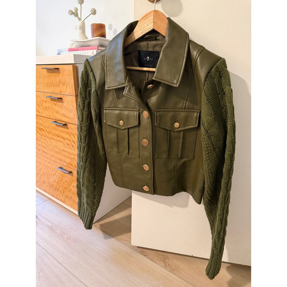 7 For All Mankind Olive Faux‎ Leather Knit Sleeve Jacket Cropped Utility ✨